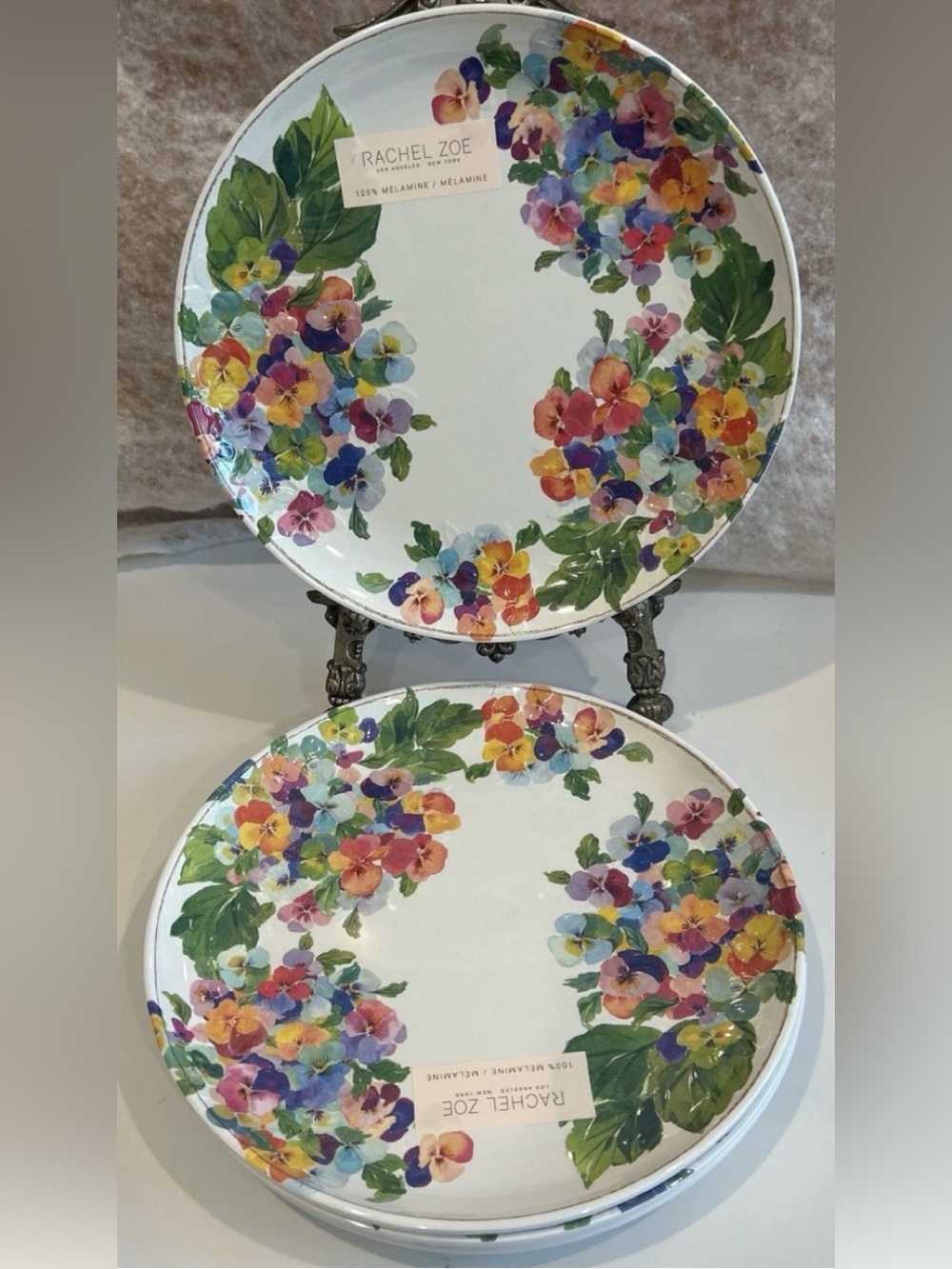 Set of 2 Rachel Zoe Melamine Floral Pansy Embossed 11” Dinner Plates.  NEW